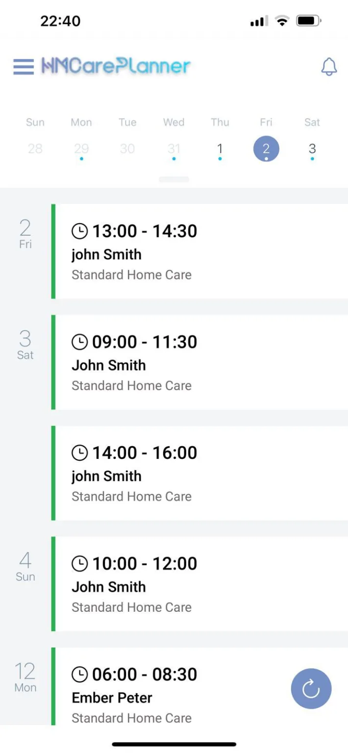 Mobile app visit schedule screenshot